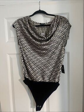Express Black and White Geometric Cowl-Neck Bodysuit